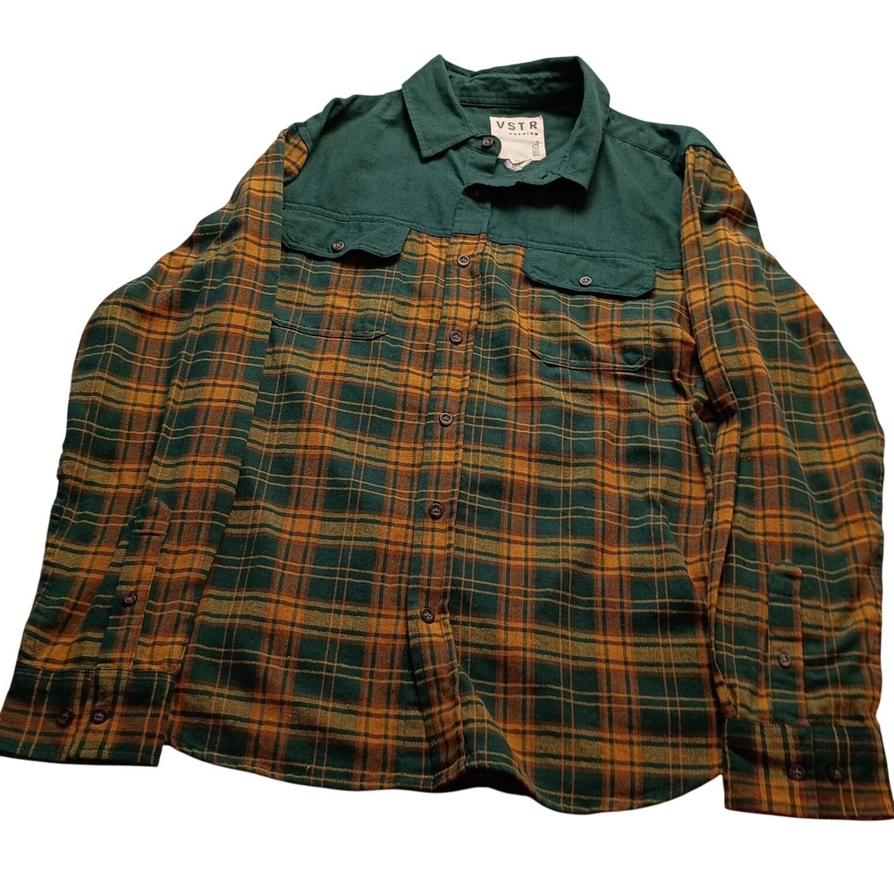 VSTR Premium Flannel Shirt Men's Long Sleeve Plaid Contrast Yoke Green Gold L